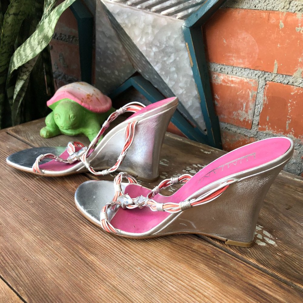 Womens Lumiani Leather Silver Wedge 4" High Heels Size 9.5